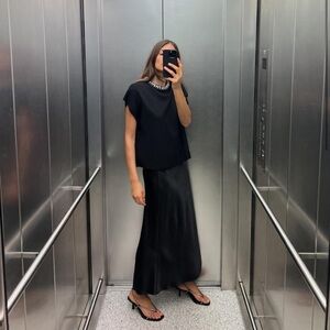 Satin Effect Midi Skirt in Black